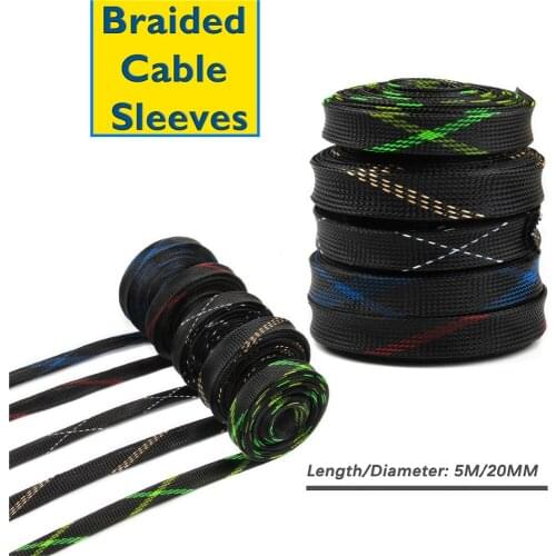 4 Colors Braided Wire Cable Sleeves 20mm 5M PET Nylon Snakeskin Mesh Wire Protecting Cable Sleeve Wire Mesh Shock For Cable Sets