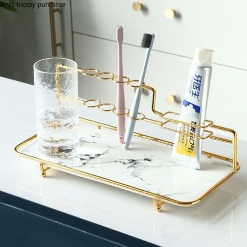 European Bathroom Desktop Storage Tray Marbling Ceramics Metal Storage Rack Toothbrush Toothpaste Holder Cosmetic Organize Tray