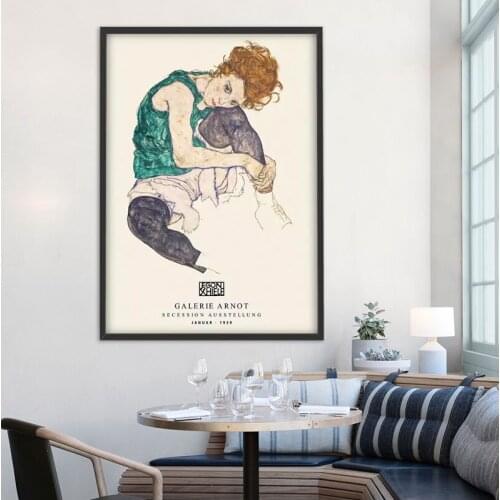 Egon Schiele poster, Seated woman with bent knee, Egon Schiele print, Schiele art exhibition poster, Egon Schiele skeition poste