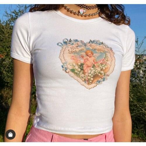 Angel Printed Women Korean High Waist Short Sleeve T Shirts Ins Tight Exposed Navel Lady Tops Female Clothes Plus Size Tee Shirt