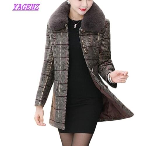 Lattice Woolen coat middle-aged women Plus size Jacket Autumn Winter mid long single-breasted Fur collar Woolen coat XL-5XL A887