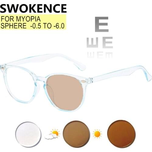 SWOKENCE Photochromic Myopia Glasses -0.5 to -6.0 Prescription Available Women Men Retro Discolored Nearsighted Spectacles F507