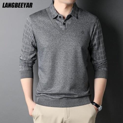 Top Grade Fake Two New Fashion Brand Korean Knit Slim Fit Shirt For Men Fasion Long Sleeve Preppy Look Casual Mans Clothes