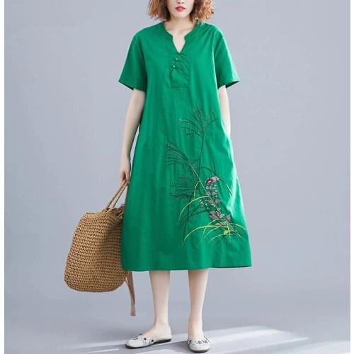 Cotton Linen Vintage floral Plus Size Women Casual Loose Long Summer Sun Dress Elegant Clothes 2021 Ladies Dresses Sundress