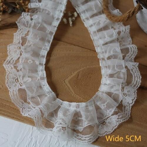 5CM Wide High Quality White Lace Embroidery Ribbon Pleated Chiffon Fabric Trim Collar Sewing Skirt Lolita Applique Guipure Decor