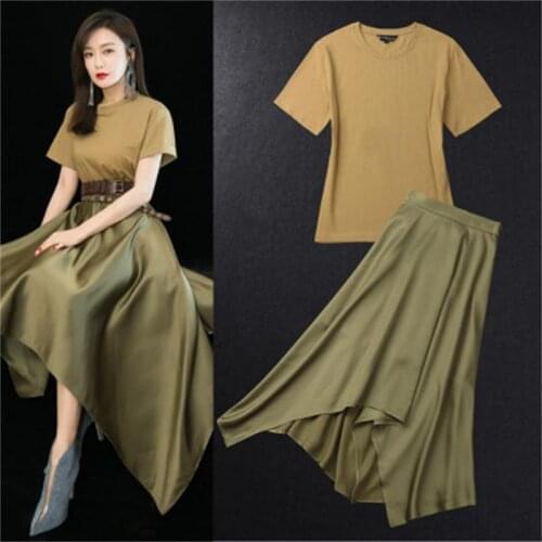 Women casual suits women Summer fall New Army green round neck short sleeve Cotton t-shirt irregular long high waist skirt women