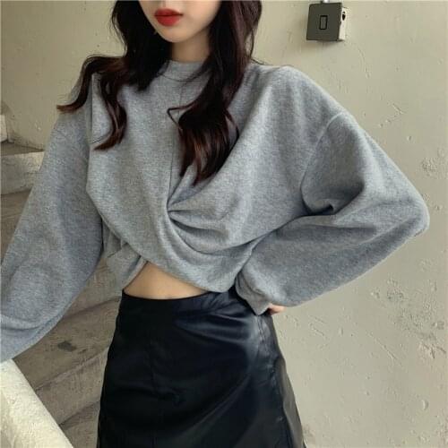 Womens Hoodies Pullover O Neck Solid Color Cross Long Sleeves Cotton Short Tops Wholesale 2021 New Fashion Casual Lady Clothing