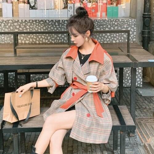 Vintage Plaid Print Short Trench Plus Sashes Women Autumn 2021 Korean Loose Lapel Double-breasted Casual Windbreaker Female Coat
