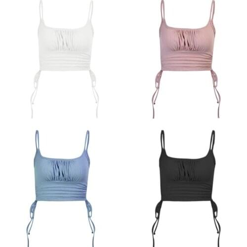 Women Spaghetti Strap Pleated Crop Top Ruched Side Drawstring Bodycon Camisole Ribbed Knit Solid Color Sexy Sling Vest