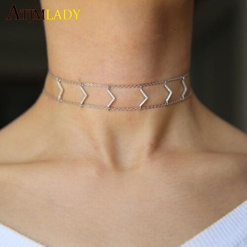 100% 925 fine silver Love Heart charm Necklace Short Chain Layered Choker Necklace Women Statement Collar chain Jewelry Bijoux