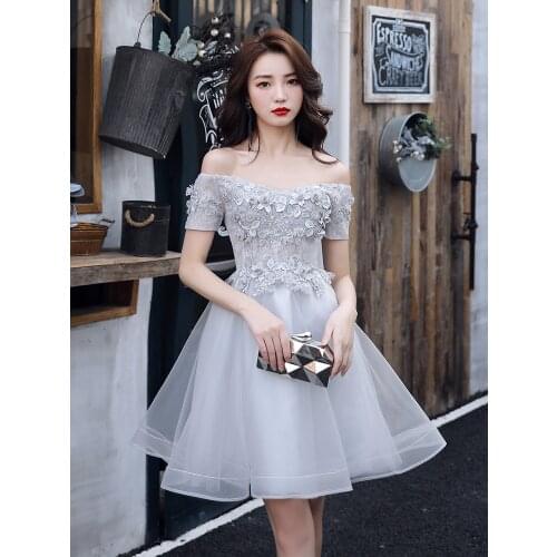 Boat Neck Floral Applique Evening Dress Short Sleeve Tulle With Beads Evening Dresses Short Real Photo Elegant Vestido De Festa