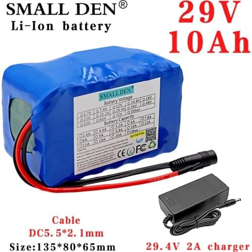 29V 10Ah 18650 lithium battery pack 7S4P 450W DC 29.4V Electric bicycle scooter motor rechargeable ebike battery BMS +2A Charger