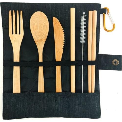 6pc Natural Zero Waste Biodegradable Bamboo Cutlery Set Eco Friendly Portable Spoon Fork Chopsticks Utensils Wooden Flatware Set