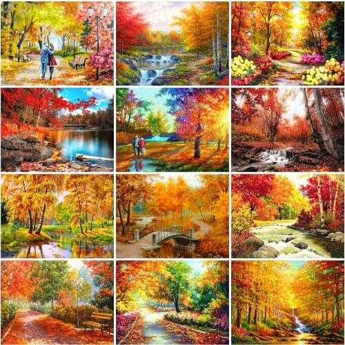 AZQSD 5d Diamond Painting Forest Autumn River Full Drill Square Needlework Diamond Embroidery Scenic Mosaic Tree Home Decor