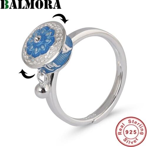 BALMORA 100% Real 925 Sterling Silver Rotating Rings For Women Lady Prayer Wheel Finger Ring Open Adjustable Ring Good Luck Ring