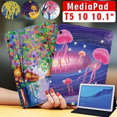 Tablet Case for Huawei MediaPad T5 10 10.1 Inch Oil Painting Print Pattern PU Leather Cover Case + Free Stylus