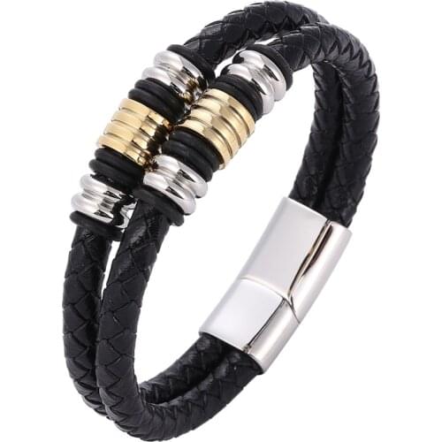 Double-layer Stainless Steel Braided Leather Men Bracelet Luxury Accessories Combination Handmade Wristband Male Jewelry PD1073