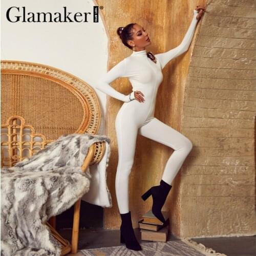 Glamaker Letter printed long sleeve casual pink jumpsuits Women spring summer sportwear bodycon white fitness playsuit 2021new