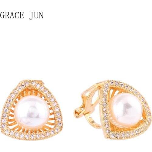 GRACE JUN New Triangle Shape Clip on Earrings No Pierced for Women Luxury Fashion Needn't Ear Hole Earrings Cuff Fake Earrings