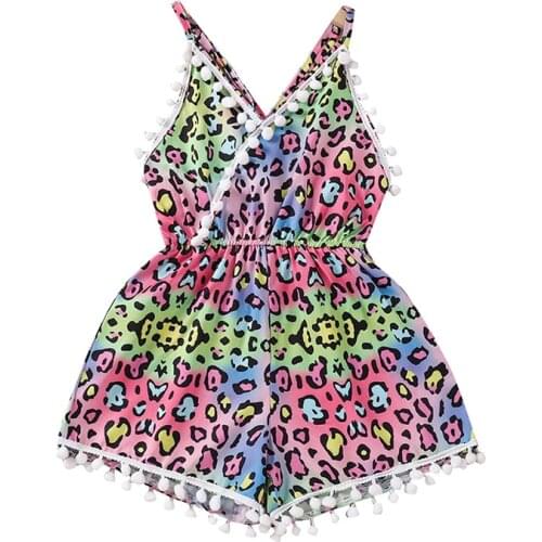 18M-6T Kids Rompers Jumpsuit Girls Colorful Leopard Print V-Neck Sleeveless Tassel Romper Playsuits for Summer Children Clothes