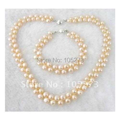 Excellent Genuine Pink Color AA 6-8MM Freshwater Pearl Necklace Bracelet Fashion Pearl Jewelry Set Wholesale New Free Shipping