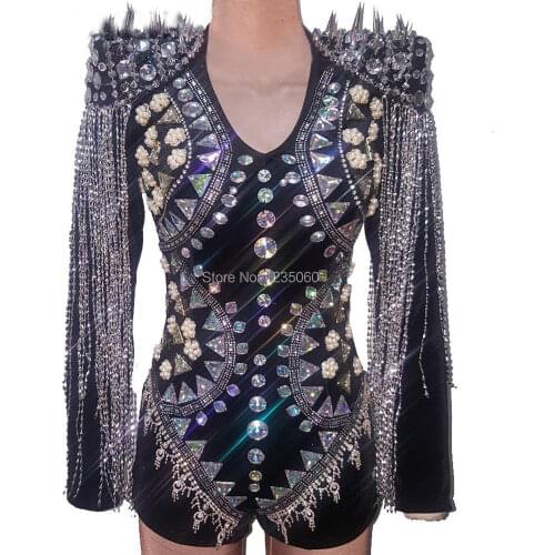 Drag Queen Costumes Rhinestone Fringe Stage Bodysuit Crystal Jumpsuit Performance Singer Celebrity Party Costume