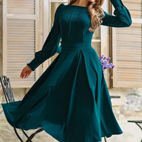 Fashion Women VIntage Solid Color Autumn Dress Elegant Green Long Sleeve Pleated Midi Vestidos De 2020 Casual Women Party Dress