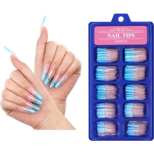 100pcs Flame Blue Gradient Color Designs Fake Nails Art Long Ballerina French Full Cover False Nail Detachable Nail Tips Salon