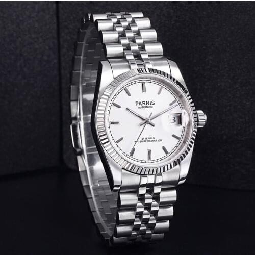 Casual Parnis 36MM Silver Dial Men Watch Automatic Women Stainless Bracelet Mechanical Calendar Sapphire Crystal Watches PA2112