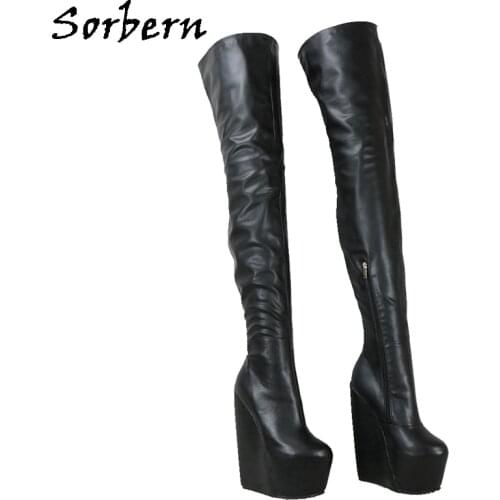 Sorbern Free Custom Crotch Thigh High Boots Unisex Wedges 20cm High Heels Thick Platform Drag Queen Shoes DIY Wide Fit Calf