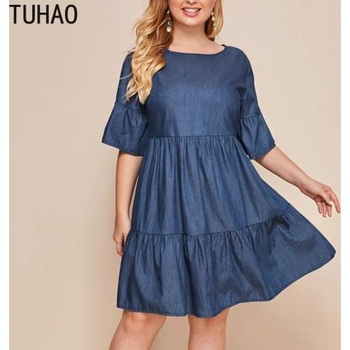 TUHAO Summer Fashion Plus Size 8XL 7XL 6XL 5XL 4XL Loose Mid-length Denim Round Neck Dress Female Casual Dresses vestidos WM49