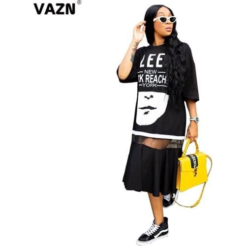 VAZN 2020 Summer New Plus Size Young Regular Sexy Lazy Office Style Round Neck Half Sleeve Women Nature Straight Maxi Dress