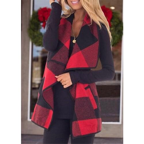 Female Outerwear Spring Autumn Sleeveless Jacket Woman Coat Casual Female Top Red Plaid Coat Women Open Stitch Pocket Jacket