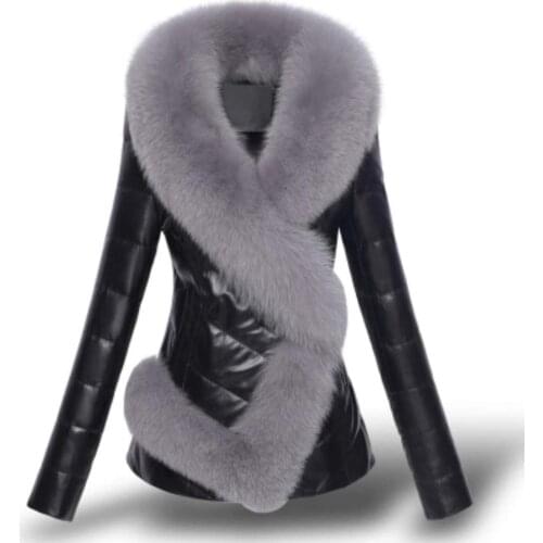 Women PU Leather Jacket Winter New Plus Size Faux Fur Collar Short Slim Tops Long Sleeve Splice Thick Warm Down Cotton Coat 3XL