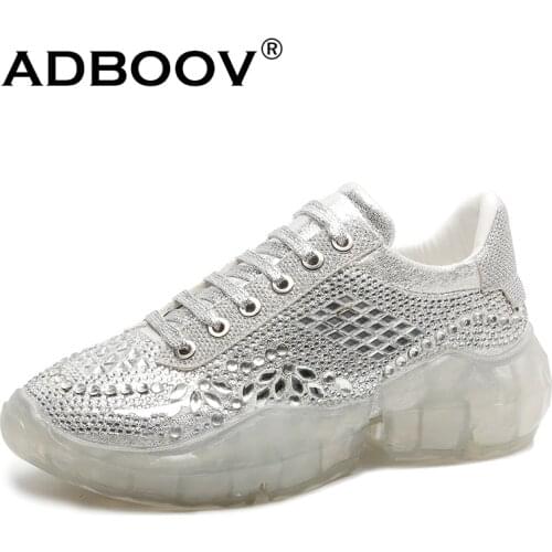 ADBOOV New Trendy Crystal Chunky Sneakers Women Thick Sole Flat Shoes Ladies PU Leather Platform Causal Shoes Zapatos Mujer 2019