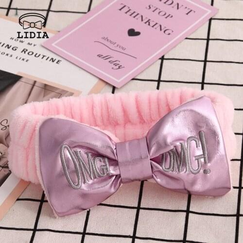 Women OMG Letter Headbands Bow-knot Leather Face Washing Makeup Tool Girls Hair Accessories Coral Fleece Plush Headdress
