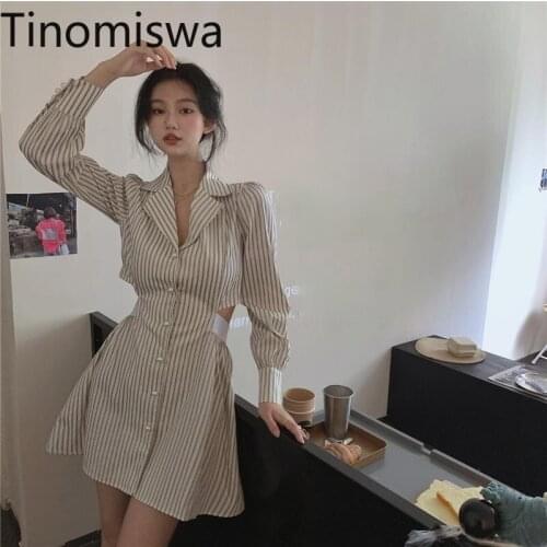 Tinomiswa Striped Shirt Dress Women Turn Down Collar Long Sleeeve Cut Out Dresses Slim Waist Single Breasted Vestidos Mujer