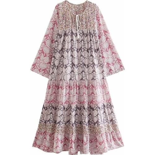 New Summer Dress Women Long Sleeves elegant Casual Vogue Chic Lady Patchwork Boho Dress Woman Maxi Dresses Robe Femme