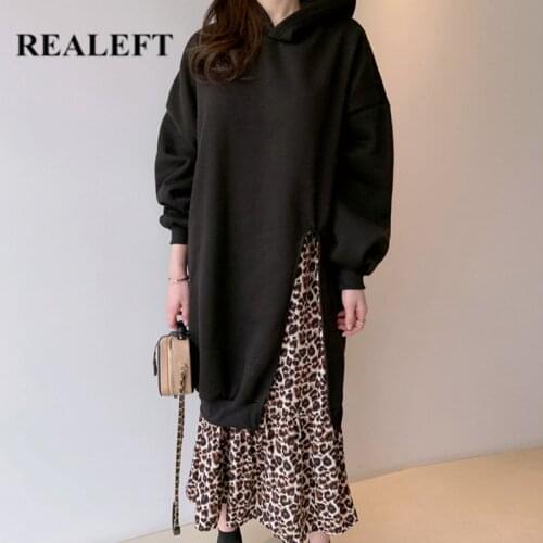 REALEFT 2021 Autumn Winter Womens Hooded Casual Dress Elegant Korean Style Splicing Leopard Print Design Ladies Long Dresses