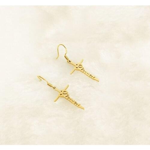 Everfast 1Pair Original Design Blessed Cross Stainless Steel Letter Ear Hook Earrings Women Girls New Year Lucky Jewelry Gift