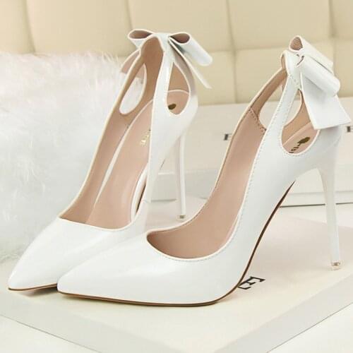 2021 Sweet Women 10cm Stripper High Heels Pumps Scarpin White Pink Nude Heels Female Butterfly Knot Stiletto Pumps Party Shoes