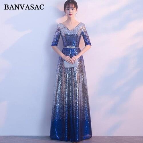 BANVASAC Deep V Neck Metal Leaf Sash A Line Long Evening Dresses Sequined Half Sleeve Backless Party Prom Gowns