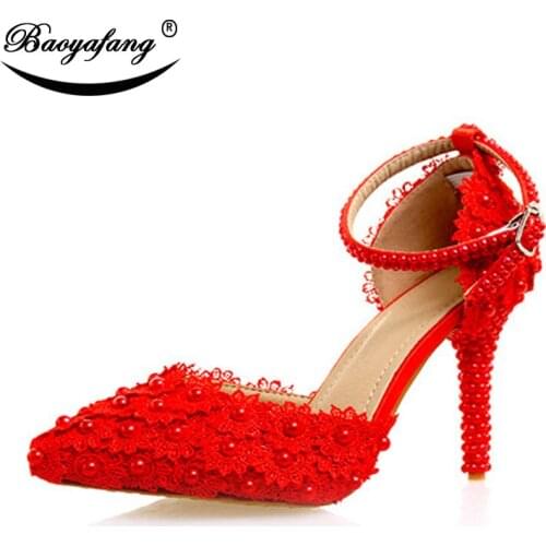 BaoYaFang Women wedding shoes Summer Sandals Red Flower ankle strap shoes woman Fashion Pointed toe High shoes Royal Blue