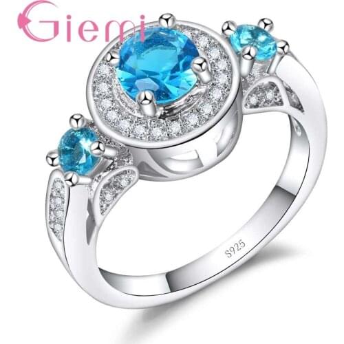 Shiny Round Blue Cubic Zircon Ring Women Wedding Jewelry Pure 925 Sterling Silver Finger Ring Wholesale Size 6 7 8 9 10