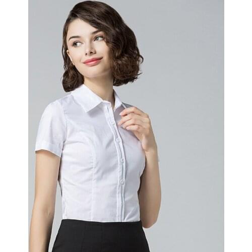 UsualYeah New Women Office Lady Body Shirt Blouse Solid White Button Short sleeve Turn-down Collar Blusas S-XXL SY0341
