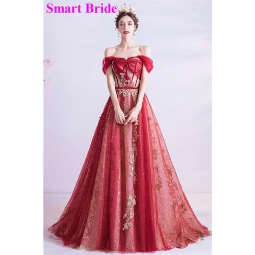 Off Shoulder Long Prom Dresses Tulle Lace Applique Beaded Formal Corset Back Wedding Party Gowns QF02