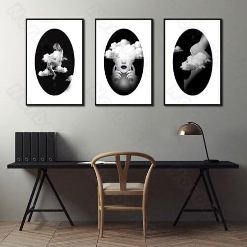 European Style Canvas Painting Poster Black Oval-Shaped Background a Nude Woman with White Smoke for Home Room Wall Decoration