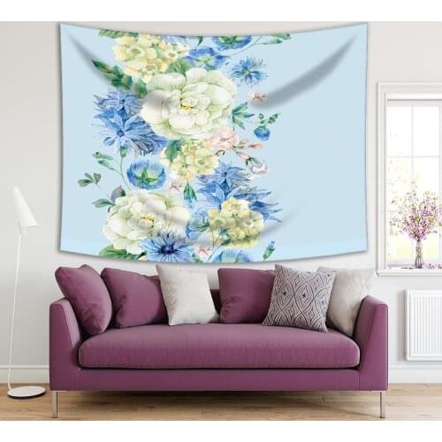 Tapestry Wildflowers 65-73f and Roses Watercolor Natural Summer Flowers Botanical Illustration Blue Beige Green