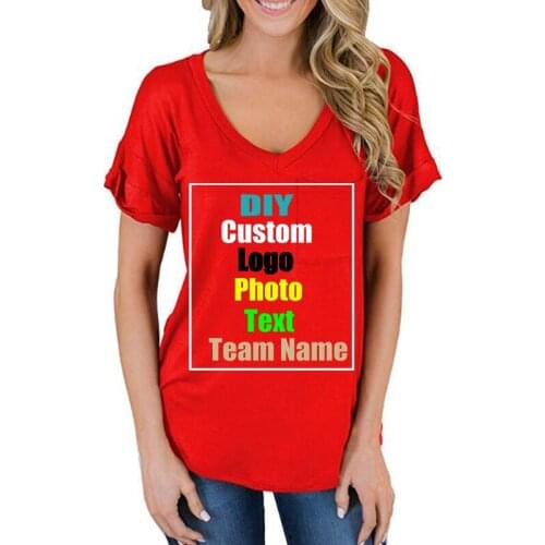 Customized Picture LOGO Womens Spring/Summer 2021 V-Neck Pocket T-Shirt Curly Short Sleeve Loose Top