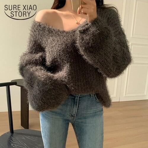 Korean Fashion Loose Lazy Wind V-Neck Knitted Sweater Tops Autumn Women Mik Cashmere Girls Reversible Soft Warm Pullovers 16531